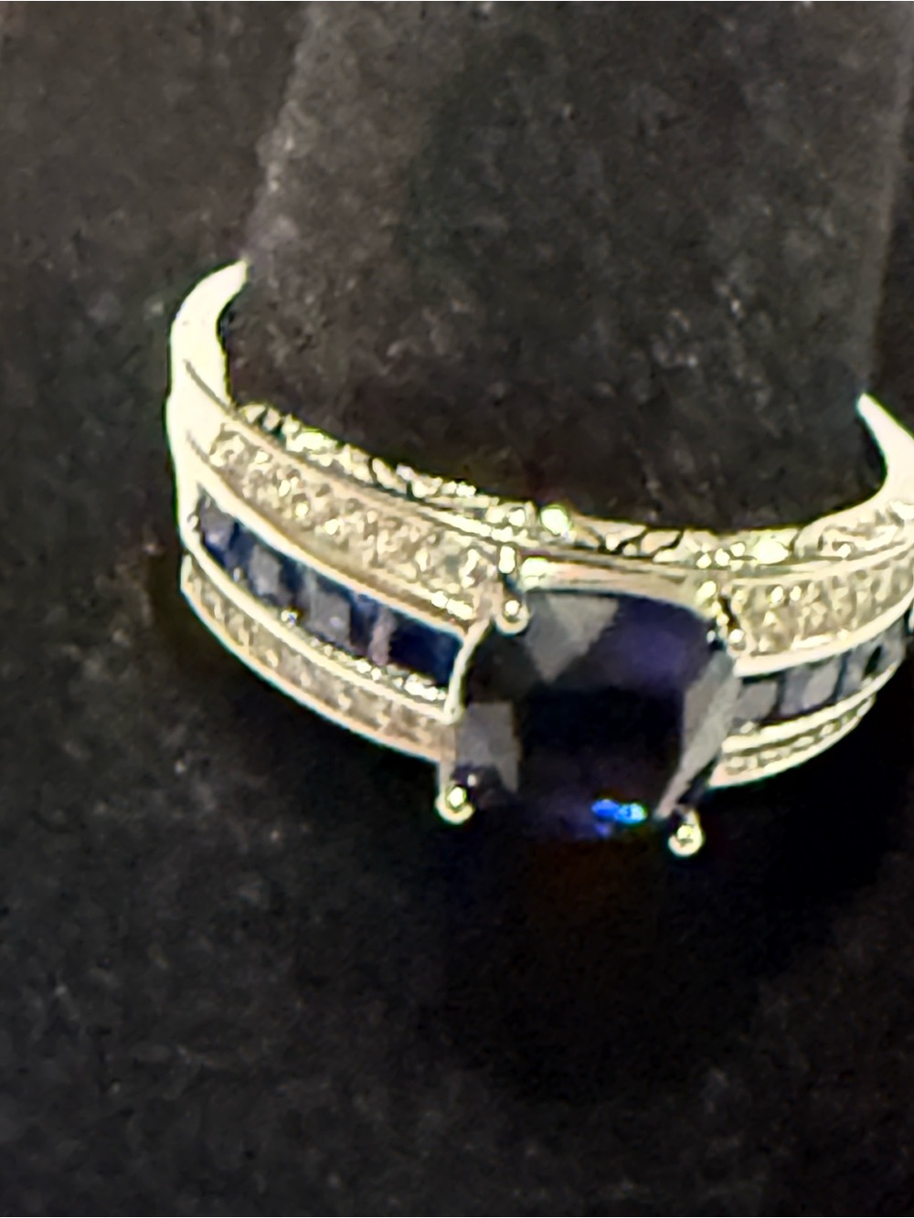 Women's Silver Ring with Deep Blue Center Stone and Blue Channel Accents